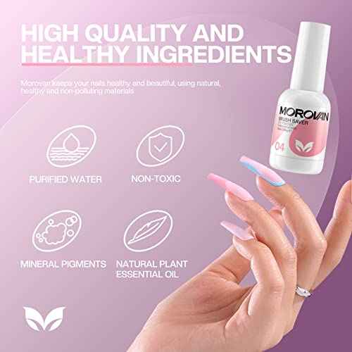 Morovan Dip Powder Liquid Set with Activator Base Top Coat and Dipping Powder Brush Saver 4pcs 0.5oz for Dip Nail Kit