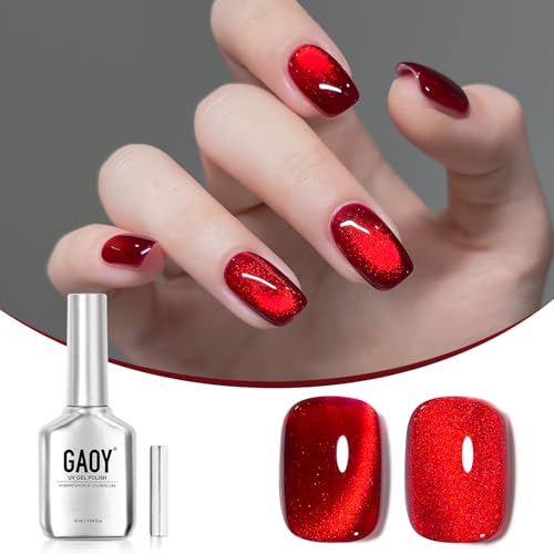 GAOY Red Cat Eye Gel Nail Polish, 16ml Glitter Holographic Nail Polish with Magnet, Reflective Translucent UV Gel, 2907 Ruby Twilight