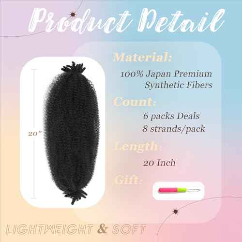 Spring Afro Twist Hair, 20 Inch Springy Marley Twist Braiding Hair Pre-Separated 6 Packs Spring Twist Afro Kinkys Bulk Hair for Soft Locs Crochet Hair Extensions for Black Women (1B, 20inch)