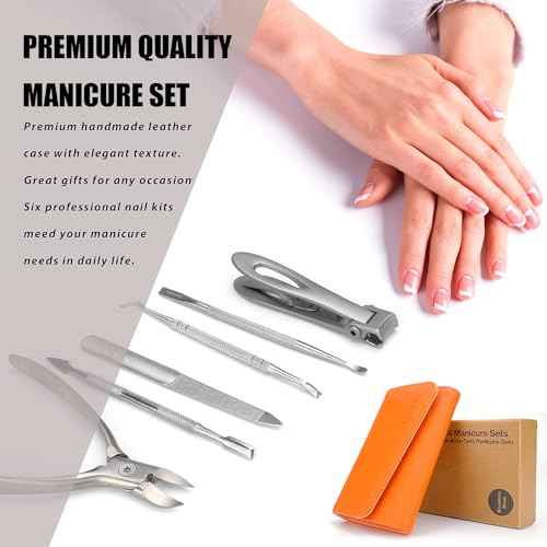 Nail Clippers Set for Thick Toenails and Fingernails, Heavy Duty Podiatrist Clippers for Ingrown Nails, Manicure Sets with Travel Leather Case, Gifts for Stocking Stuffers Men Women, 6PCS Orange