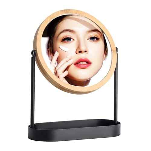 Bamboo Makeup Mirror with Storage, Double Sided Vanity Mirror 360¡Æ Rotation, 1X 3X Magnifying Table Mirror for Desk, Bathroom, Bedroom, Dressing Table