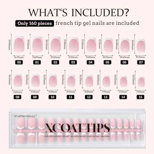BTArtboxnails XCOATTIPS French Tip Nails - Short Press On Nails, 160 Pcs Pink Square Soft Gel Nail Tips Pre-applied Tip Primer & Base Coat, No Need File False Nails for Gift, 16 Sizes
