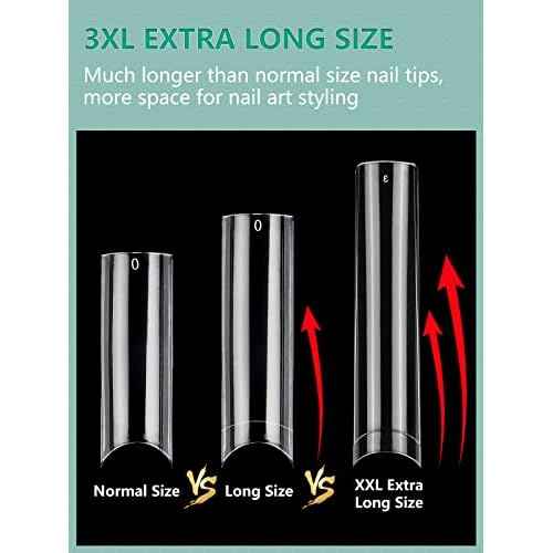 504 PCS No C Curve Clear Nail Tips for Acrylic Nails Professional, 3XL Extra Long, 12 Sizes Half Cover Straight Tapered Square French Fake Nail Tips for Nail Salons Home DIY