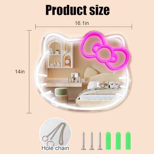 Anime Hello Kit Cat Neon Sign Mirror L16.1 W14 Vanity Mirror with Lights Bedroom Wall Mirror for Pink Room Decor and a Makeup Mirror with Lights Teen Girl Gifts