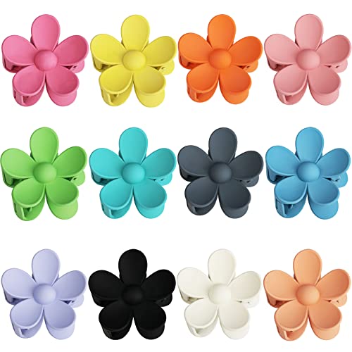 12-Piece Flower Claw Clips - Large Jaw Clips for Women & Girls - Thick & Thin Hair - 12 Colors - Matte, Non-Slip, Strong Hold