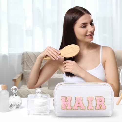 Remerry 4 PCS Nylon Cosmetic Bags Waterproof Spacious Travel Makeup Organizer for Women Chenille Letter Preppy Zipper Pouch Face Stuff Skin Hair Organizer Gift(Light Brown, Beige, Light Pink, White)