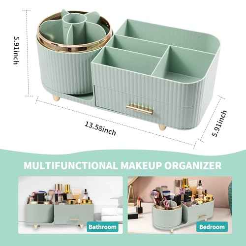 Makeup Organizer Countertop with Drawer 360 Rotating Brush Holder Storage Large Capacity Skincare Cosmetic Display Cases for Vanity Bathroom Desktop, Model 3016 Green