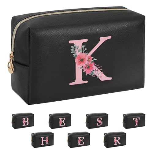 Personalized Initial Makeup Bag, Birthday Gifts for Women and Girls, Small Makeup Pouch Travel Toiletry Bag, Make Up Organizer Bag Gift Trendy Stuff for Friend Mom Teacher, Black