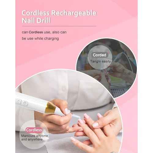 Nail Drill,Cordless Electric Files for Gel Nails E-File Manicure Kit Women Rechargeable Drill para U?as Profesional Machine Grinder Acrylic White (M918)