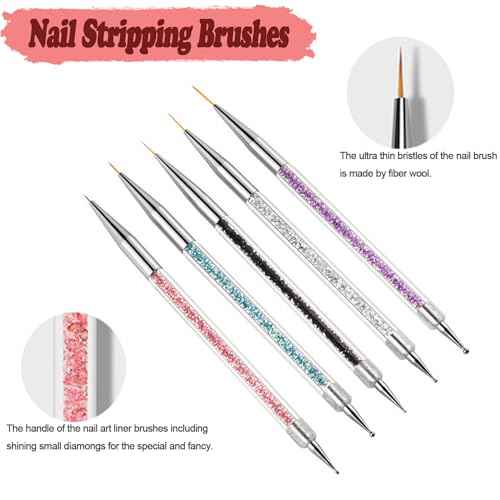 AIBEE Nail Art Brushes, 5pcs Double-Ended Acrylic Nail Brush Set with 5/7/10/12/15mm Nail Liner Brushes and Dotting Pens for French Nails