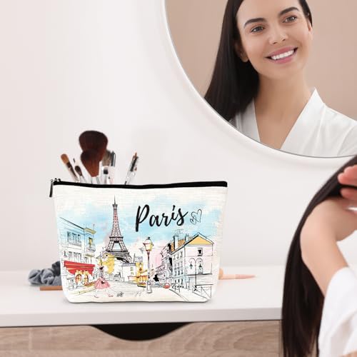 Paris Gifts Travel Essentials - 4Pcs Eiffel Tower Makeup Bag, France Paris City Watercolor Cosmetic Bags with Zipper Pouch, Weekend Vacation Trip Gifts for Travellers Women Girls