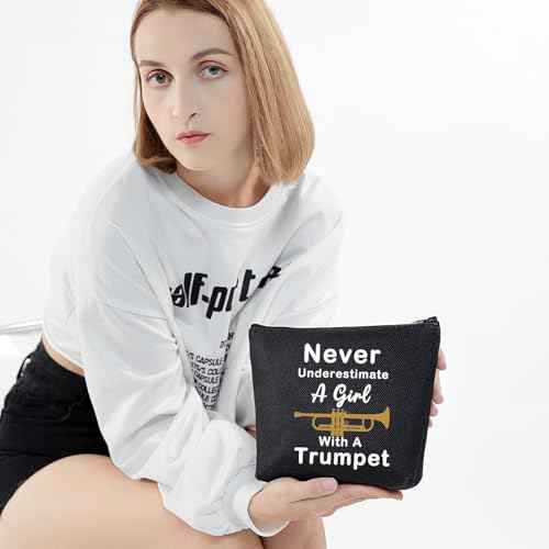 LELVO Funny Trumpet Gift Never Underestimate A Girl With A Trumpet Makeup Bags Trumpet Lovers Zipper Pouch (Girl With A Trumpet+black)