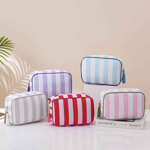 Large Stripe Canvas Zipper Makeup Bag,Aesthetic Tassel Travel Cosmetic Bag,Coquette Toiletry Bag, Girls Handbags Purses,Accessories Storage Bag for Women Girls (Pink)