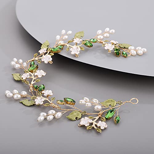 Bridal Cute Flowers Headband for Bride Bridesmaid Green leaf Crystal Hair Piece Beads Hair Vine