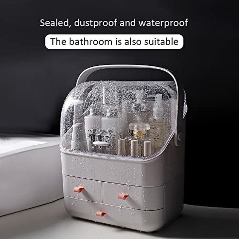 "Makeup Organizer, Dustproof Cosmetic Storage Box with Portable Handle & Fully Open Waterproof Lid for Bathroom Countertop Bedroom Dresser(White)"