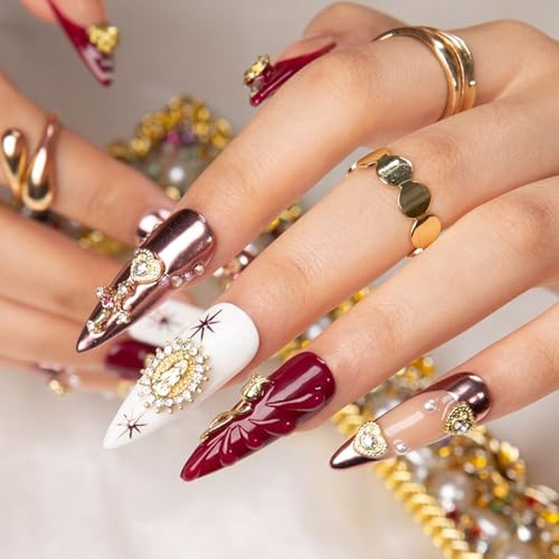 LOVFUL Press on Nails Royal Crimson | Handmade with Full Covered Crystals | Reusable Full Cover Nails | Stiletto Classic Regular 1.3 in | H383-M