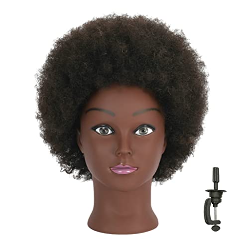 Afro Kinky Curly 100% Real Human Hair Mannequin Head with Stand for Hairdresser Practice Cosmetology Manikin Doll Training Head Braiding Styling Coloring Bleaching Dyeing Cutting Updos Display