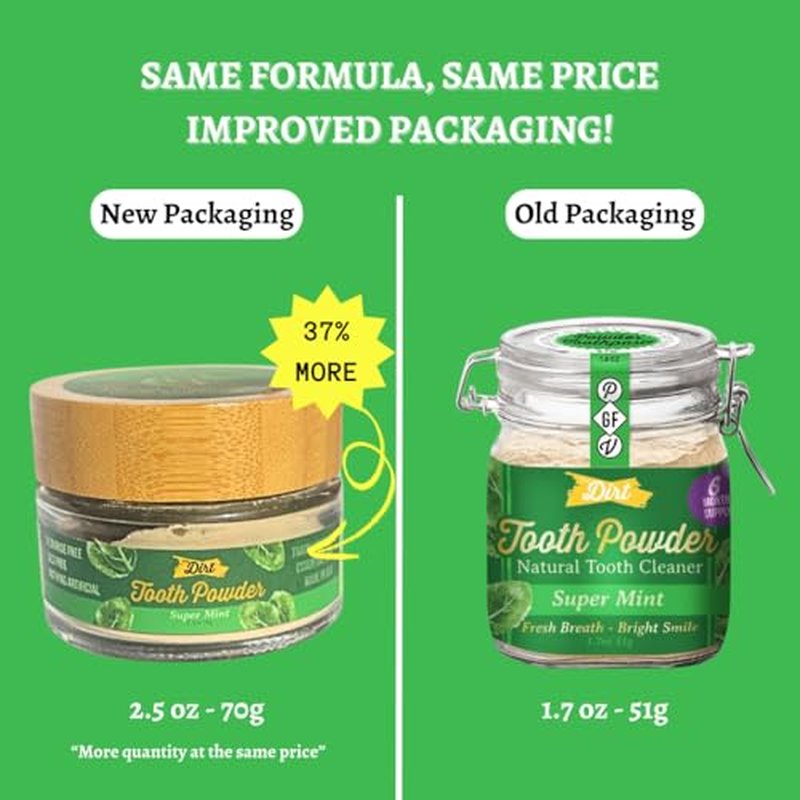 The Dirt - Remineralizing Tooth Powder, Natural Fluoride-Free Teeth Whitening Powder with Hydroxyapatite, Flouride & Gluten Free, Organic Vegan (Super Mint, 51g: 6 Month Supply)