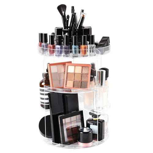 SUNFICON Rotating Makeup Organizer 360 Rotation Cosmetic Storage Holder Crystal Clear Acrylic Makeup Turntable Spin Display Stand Bathroom Bedroom Countertop Vanity Dressing Table Gift Girl Lady Women