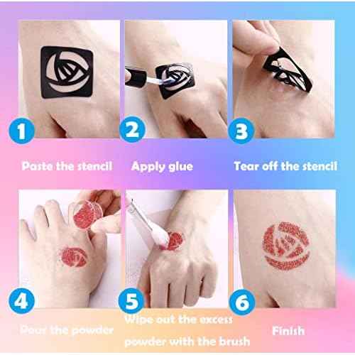 Glitter Tattoos Kit 48 Colors Waterproof Temporary Tattoos with 203 Stencils, 5 Brushes 4 Glue, Body Nail Art, Body Glitter Festival Party (48 Colors)