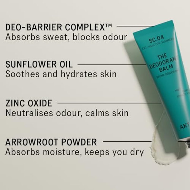 AKT, THE DEODORANT BALM. Award winning, multi-use, natural deodorant. Plastic Free. Gender Free. Aluminium Free. 100% effective ? 1 tube lasts up to 3 months. SC.04 HALCYON SUMMERS. 50ml/1.76 FL.OZ