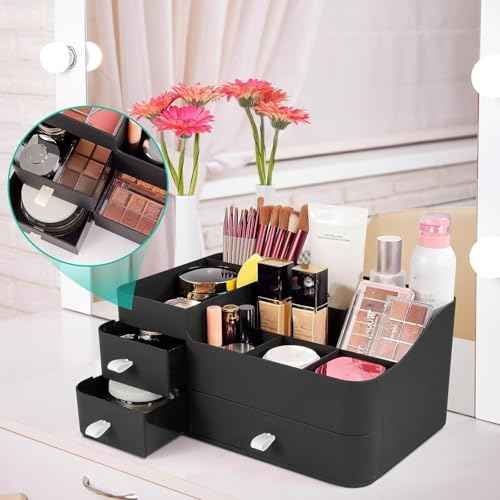 Makeup Organizer for Vanity, Large Countertop Organizer with Drawers, Cosmetics Storage for Skin Care, Brushes, Eyeshadow, Lotions, Lipstick,Nail Polish.Great for Dresser, Bathroom, Bedroom, Black