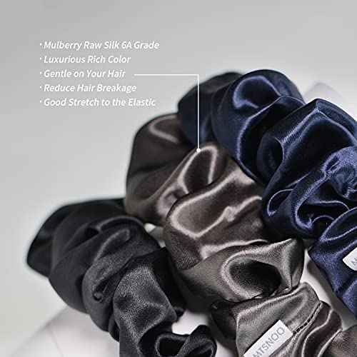 MTSNOO Mulberry Silk Scrunchies Set for Women & Girls: 3-Pack Elastic Hair Ties for Curly Hair, 100% Pure 22 Momme