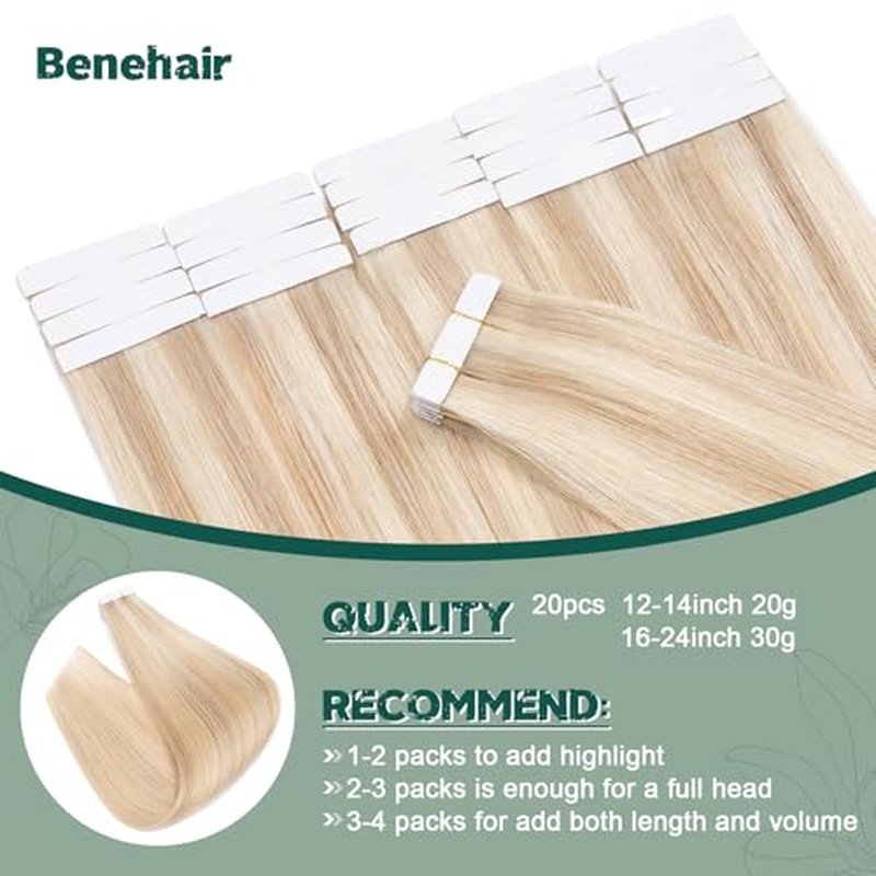 Benehair 20pcs Remy Tape in Hair Extensions Human Hair Ash Blonde&Bleach Blonde Seamless Skin Weft Tape in Real Human Hair Extensions Straight Hair 18 Inch 30g #18P613