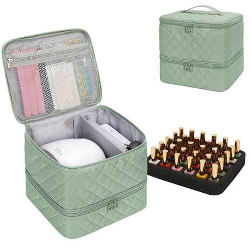 Ethereal Small Nail Polish Organizer Case Holds 30+ Bottles(15ml/0.5fl.oz) and Nail Lamp, Double Layer Nail Polish Storage Bag for Nail Kit, Manicure Tools, Green
