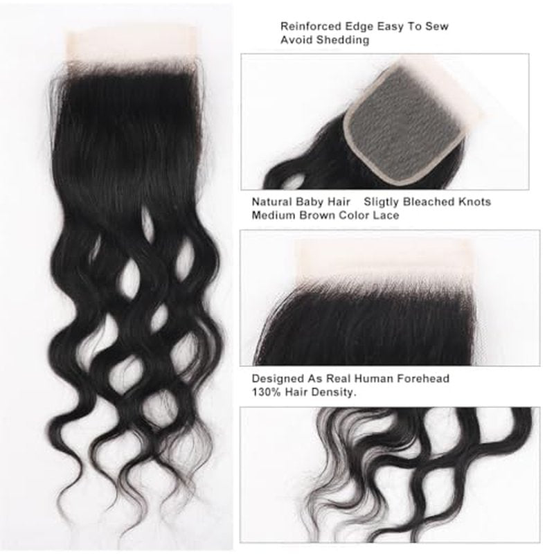 18 Inch 4x4 HD Lace Closure Brazilian Virgin Human Hair Natural Wave Transparent Lace Closure Pre Plucked with Baby Hair Free Part Natural Wave Lace Closure, Black