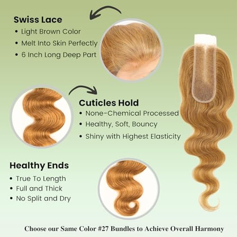ALHER Color #27 Honey Blonde Long Deep Part 2x6 Lace Closure 16 Inch, Warm Brown Golden Blonde 2x6 Kim K HD Lace Closure Middle Part Pre Plucked With Baby Hair, 12A 100% Virgin Remy Human Hair Closure
