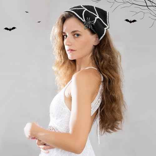 Gothic Cotton Headbands for Women, Spooky Crochet Bandana Knitted Headband with Gothic Hair Accessories Halloween, Wicked Hair Spider Rhinestone Barrettes Triangle Scarf Alternative Accessories