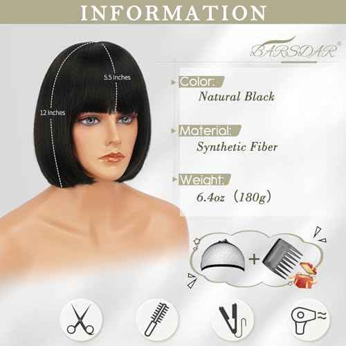 BARSDAR Short Black Bob Wig With Bangs - Short Black Bob Wig With Bangs for Women - 12 Inch Chin-Length Natural Looking Soft Synthetic Hair Replacement Daily Halloween Velma Kelly Mia Wallace Wigs