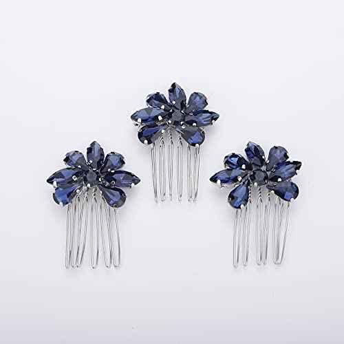 Teyglen Simple Rhinestones Crystal Bride Wedding Hair Comb Set Handmade Red Blue Black Crystal Side Hair Combs Bridal Hair Jewelry Set for Women Bride Girls (Dark Blue)