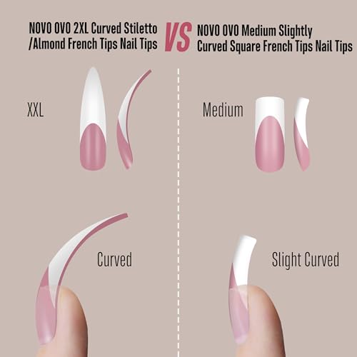 NOVO OVO Halloween XXL Curved Stiletto Almond French Tip Nail Tips Press on, BERRY PINK Full Cover Extra Thick Long XL Acrylic Hawk Curve Fake Extension Kit, Need Builder Gel, for DIY 12 Sizes 144 pcs