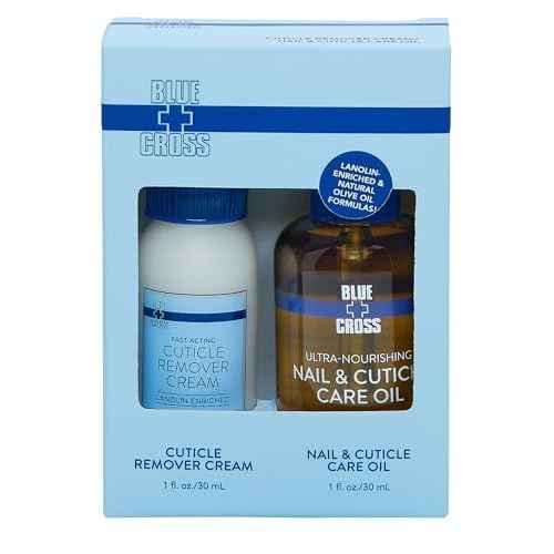 Blue Cross Cuticle Remover Cream 1oz + Professional Nail Care Oil for Dry Damaged Cuticles 1oz, 2 Pack Gift Set, Made in USA