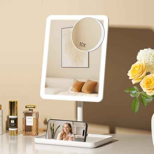 FUNTOUCH Vanity Mirror with Lights, Rechargeable Makeup Mirror with Lights,Smart Touch with 3-Color Lighting, Dimmable, Detachable 10X Magnification for Vanity Desk Tabletop,White