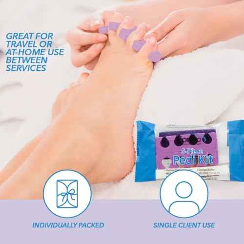 ForPro 5-Piece Pedi Kit, 100-Count, Individually-Packed Pedicure Set, Purple Pumice Pad, Wood Nail File 80/100 Grit, Mini Buffer 80/100 Grit, Wood Stick, Toe Separators