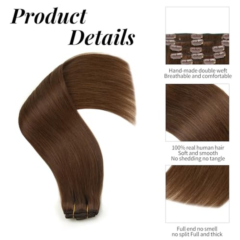 Clip in Hair Extensions Human Hair 100% Brazilian Virgin Human Hair 7pcs Per Set with 16Clips Double Weft (16 Inch, #4 Chotolate Brown)