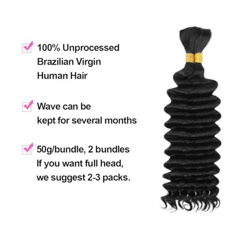 Human Braiding Hair 2 Bundles/Pack 100g Deep Human Bulk Hair for Braiding No Weft Brazilian Grade 10A Virgin Human braiding Hair for Boho Braids Wet and Wavy Braids Extensions 24 Inch