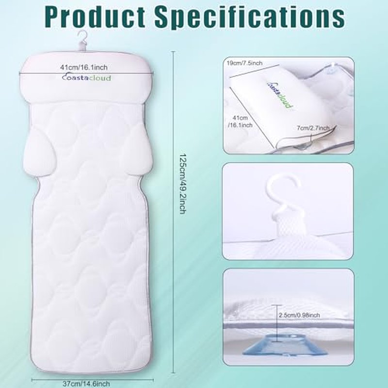 Coastacloud Full Body Bath Pillow for Bathtub, Luxury Bathtub Pillow with Suction Cups, 4D Breathable Mesh Spa Cushion for Headrest, Neck and Back Support, Quick Drying Polyester, White, 49" x 16"