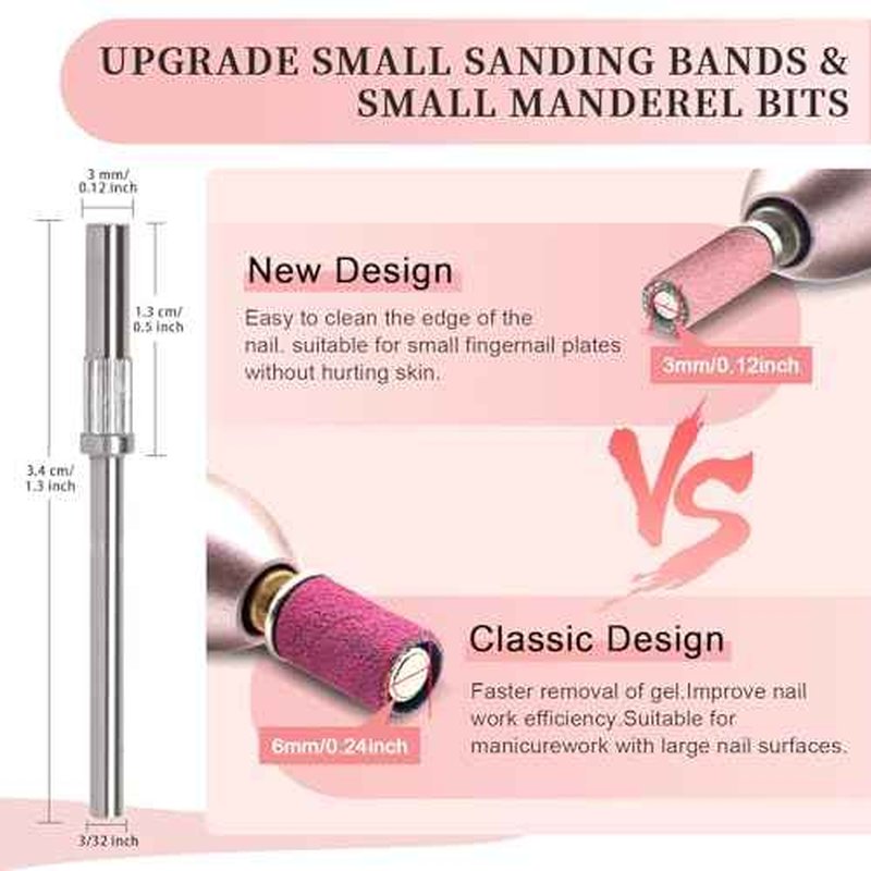 BLESWIN 200Pcs 3mm Small Sanding Bands with 2Pcs Small Mandrel Bit for Nail Drill, Upgrade Mini Nail Sanding Bands for Acrylic Nails Gel Removing Shaping, Manicure Nail Salon Use (240#Pink+180#White)