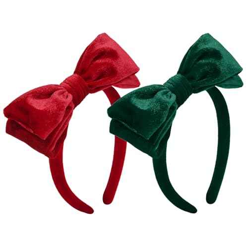 DEEKA Velvet Bow Headband 2 PCS Hair Band Hair Bows with bow Velvet Christmas Hair Accessories for Toddlers Women and Girls (Green,Red)