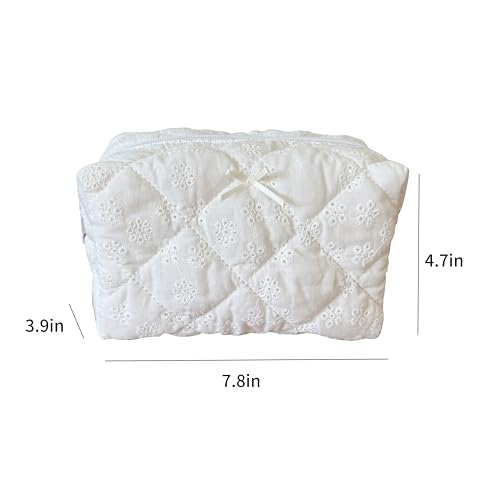 Cotton Quilted Makeup Bag Coquette Accessories Make up Bag Organizer Cute Floral Cosmetic Pouch Travel Makeup Bag for Women,Embroidery White