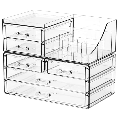 SuoXing Clear Acrylic Makeup Organizer for Vanity,Bathroom,Dresser,6 Drawer Cute Make up Organizers for Counter,Plastic Countertop Makeup Storage for Beauty,Jewelry,Brush,Cosmetic,Skin Care Organizer