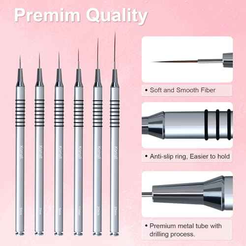 Metallic Nail Art Brushes, 6Pcs Non Slip Liner Brush Set, UV Gel Polish Painting Art Design Pen for Long Lines, Thin Details, Fine Drawing Sizes 5/7/9/11/20/25mm(Silver)