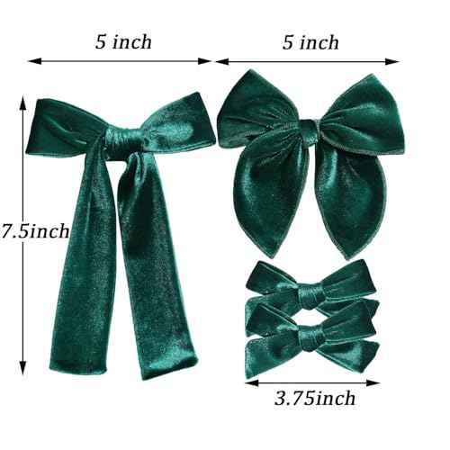 4 Pcs Velvet Hair Bows Set, Hand-made Velvet Bows Hair Clips for Little Teen Toddler Girls Kids(Dark Green)