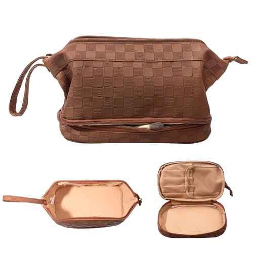 Abiudeng Large Capacity Makeup Bag Ladies Cosmetic Bag Travel Bag with Compartments Portable PU Leather Travel Makeup Bag with Handle