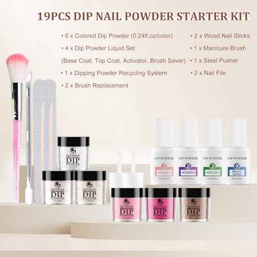 Dip Powder Nail Kit Starter, 6 Colors All Seasons Nude Pink Glitter Dipping Powder Set Nail Art Kit with French Dip Container for Women Manicure Design 19Pcs