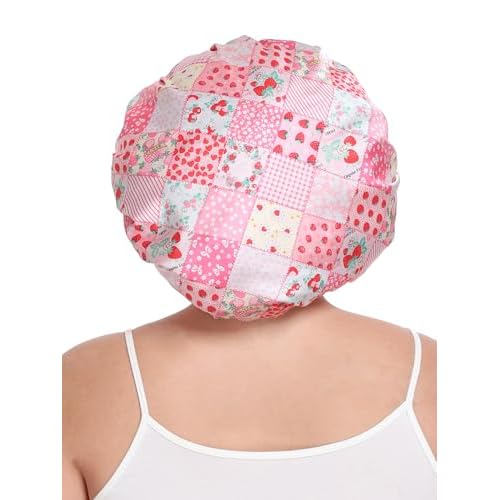 Double Layer Satin Hair Bonnet with Eye Mask Silk Sleep Cap with Tie Head Wrap for Curly Natural Hair Pink Strawberry
